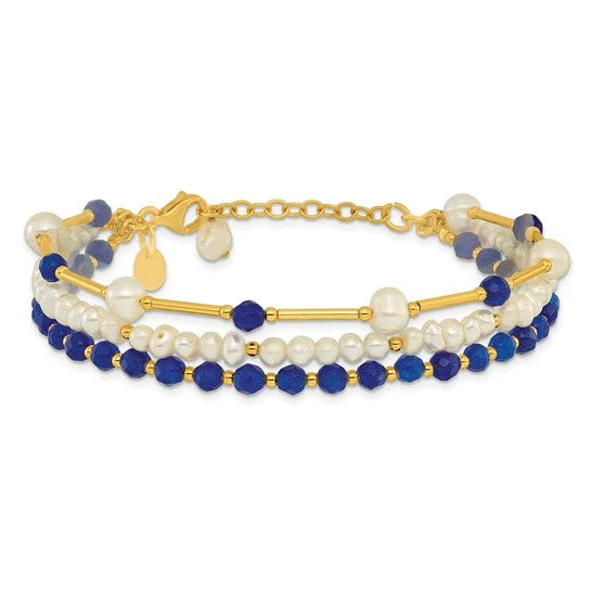 Topaz bangles-Sterling Silver Gold-plated Freshwater Pearl and Blue Quartz Bracelet