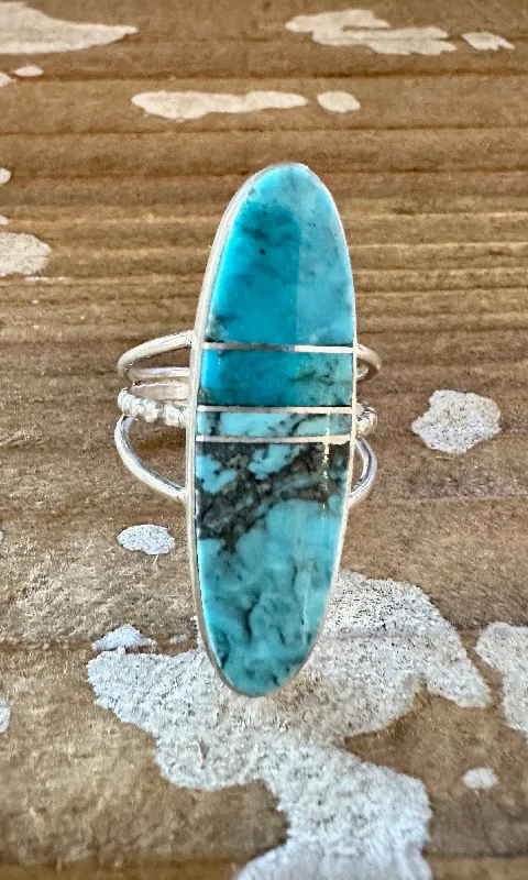 Fine pearl rings-BLUE HORIZON Sterling Silver and Turquoise Inlay Ring by Harold Smith • Size 6 1/2