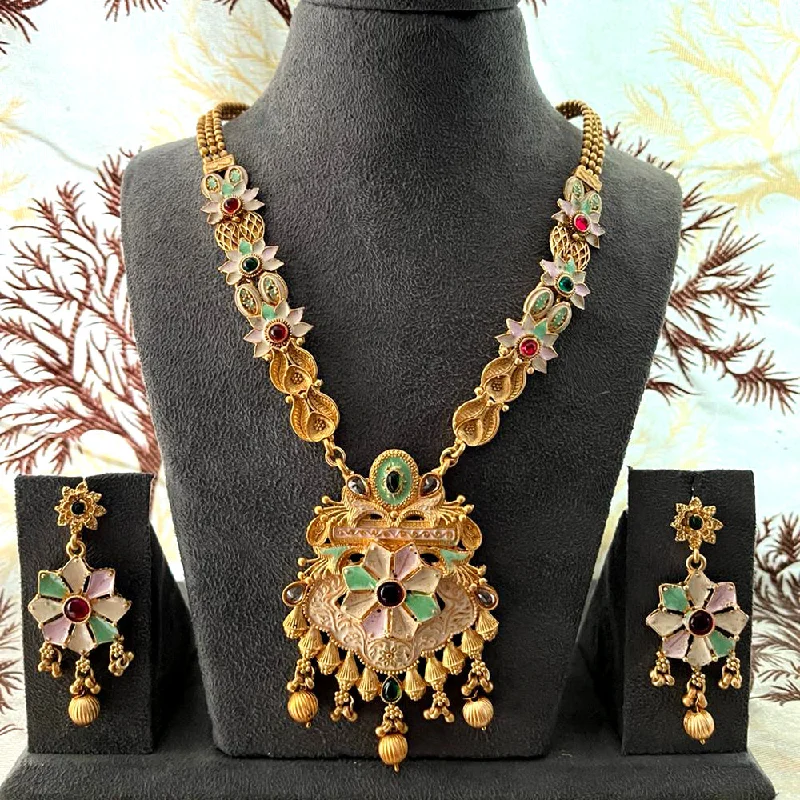 Fiber tassel necklaces-India Art Gold Plated Pota Stone And Beads Necklace Set