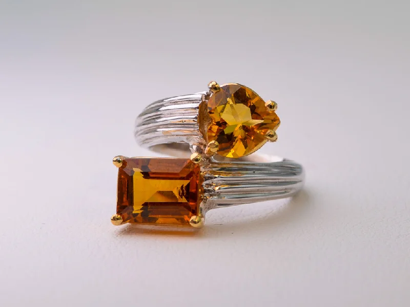 Warm wood rings-14K white gold ring with two Citrines