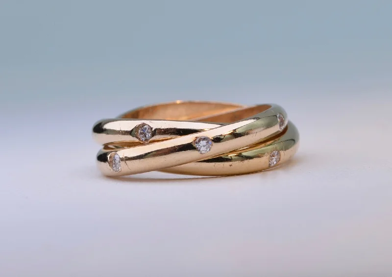 Wide band rings-14K Yellow gold Cartier-Style roller rings with 4, 5 and 6 diamonds each