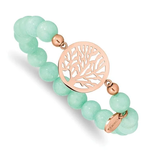 Spirit charm bangles-Stainless Steel Rose Gold Tree of Life Mint Green Jade Stretch Bracelet