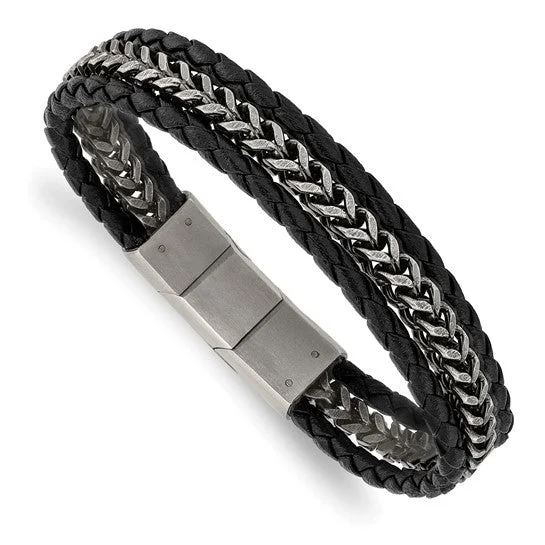 Drape-style bangles-Stainless Steel Multi Strand Chain and Black Leather 8.25" Bracelet with Extension