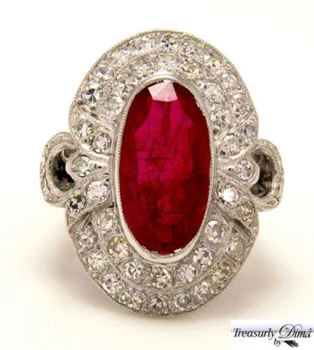 Chunky gem rings-GIA 4.70CT ANTIQUE VINTAGE RED RUBY DIAMOND ENGAGEMENT WEDDING CLUSTER RING 18KW