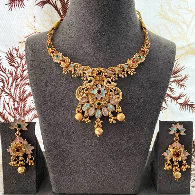 Raised disc necklaces-India Art Gold Plated Pota Stone And Beads Necklace Set