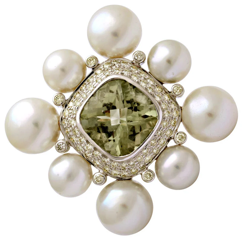 Surf motif brooch-Brooch-Green Quartz, South Sea Pearl and Diamond