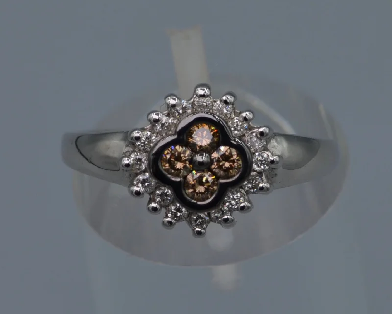 Quartz inlay rings-14K white gold ring with four center Brown Diamonds framed with white Diamonds