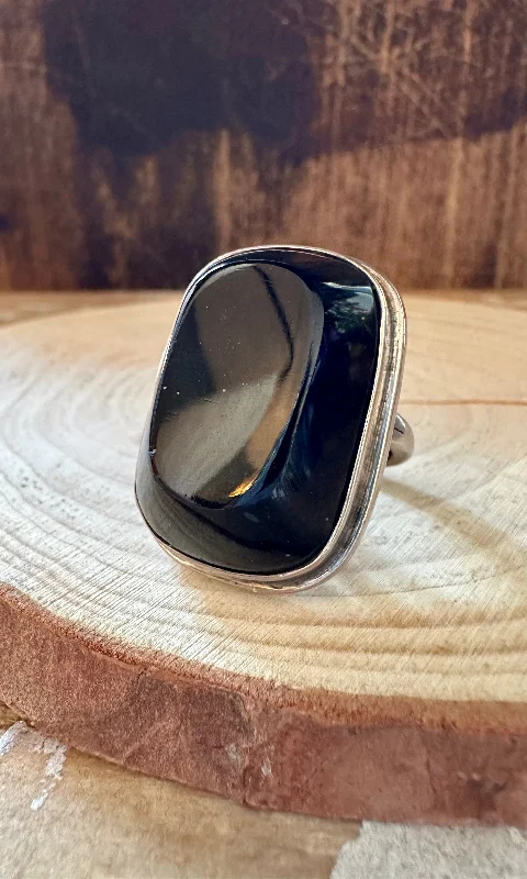 Dusk gothic rings-SQUARE BLACK ONYX Chunky Silver Ring