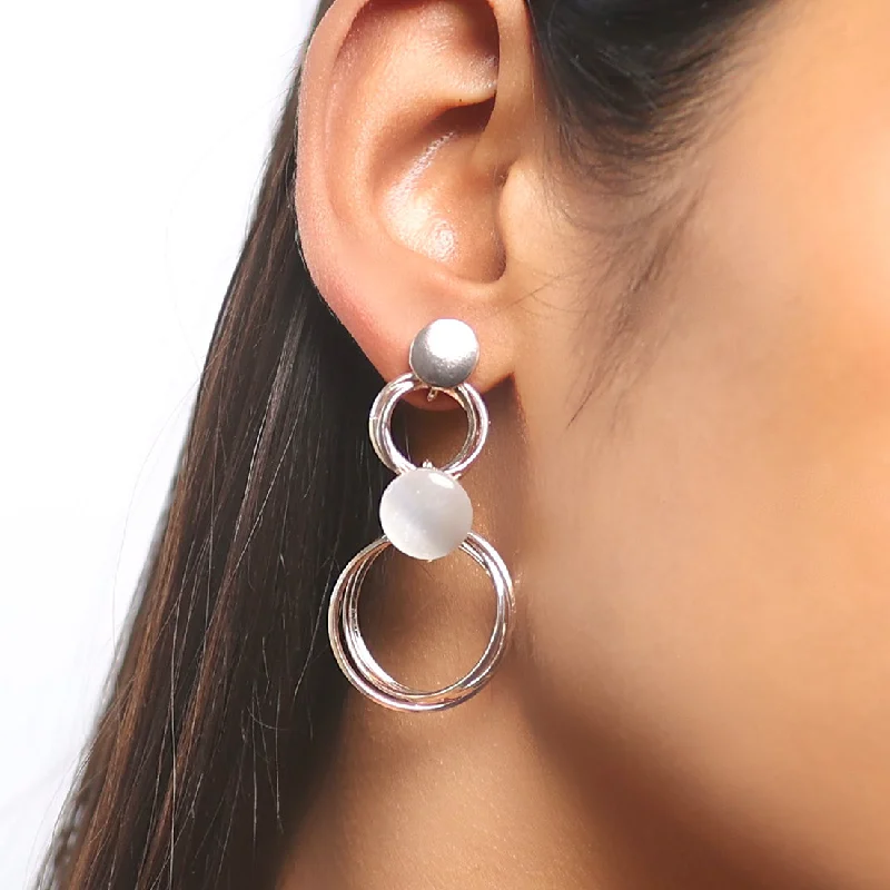 Smooth dangle earrings-Circular Layered White Moonstone Studded Rose Gold-Toned Drop Earrings