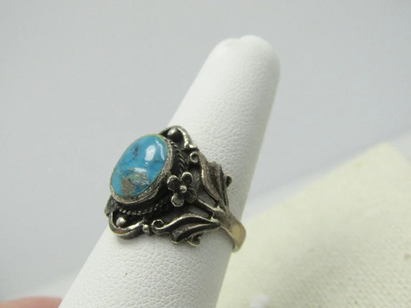 Beaded stone rings-Vintage Sterling Southwestern Turquoise Scrolled Ring, Sz. 7, 4.40 Gr., 1970's