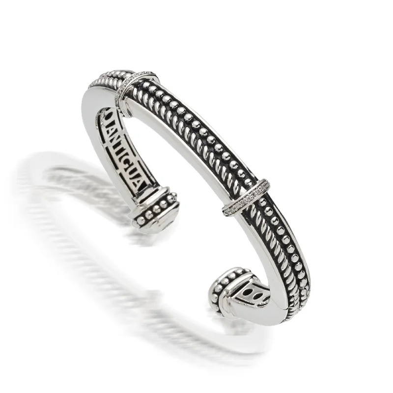 Polished word bangles-Apollo Rope and Bead Cuff with Pave Diamonds