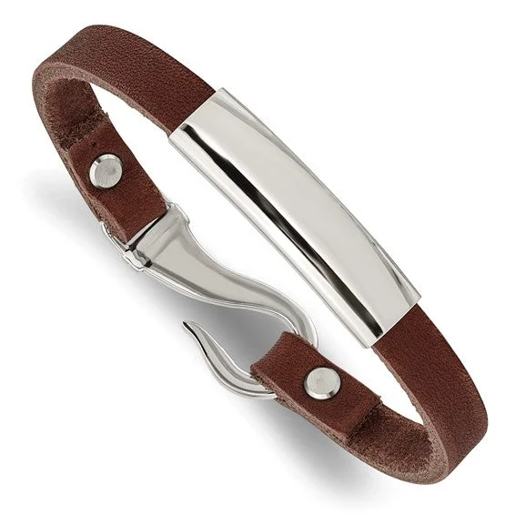 Astro charm bangles-Stainless Steel Brown Leather Fish Hook Closure 8.5 inch ID Bracelet