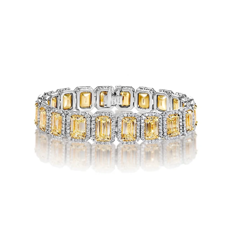 Glossy cuff bangles-Priscilla 36 Carats Fancy Yellow Emerald Cut Halo Diamond Tennis Bracelet in 18k White Gold