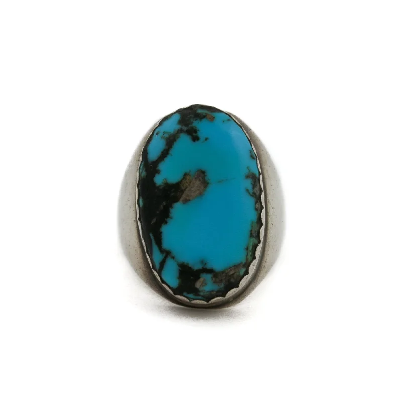 Elastic gem rings-Silver x Oval-Cut 1970's Kingman Turquoise Navajo Ring