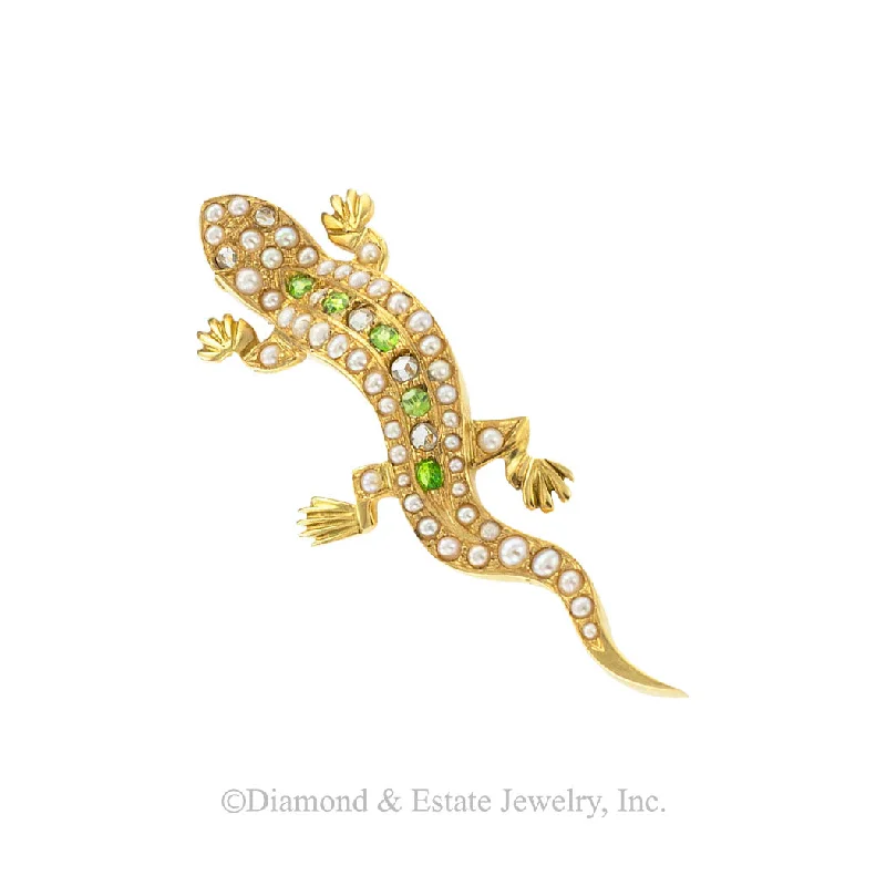 Light filigree brooch-Antique Demantoid Garnets Pearl Rose Cut Diamond Salamander Brooch