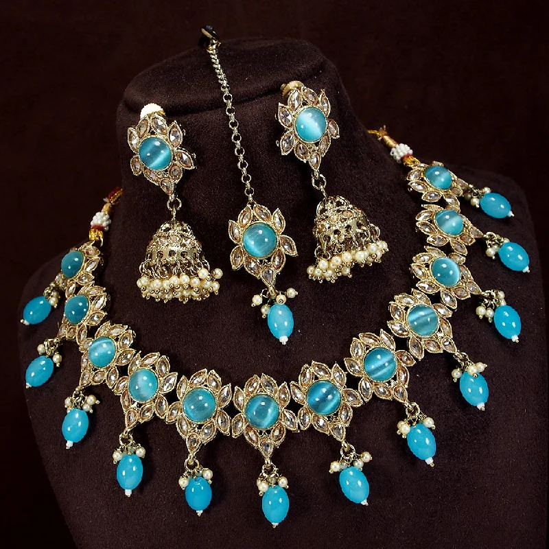 Polished bead necklaces-LALSO Designer Gold plated Zircon Work Necklace Jewelry Set With Maangtika