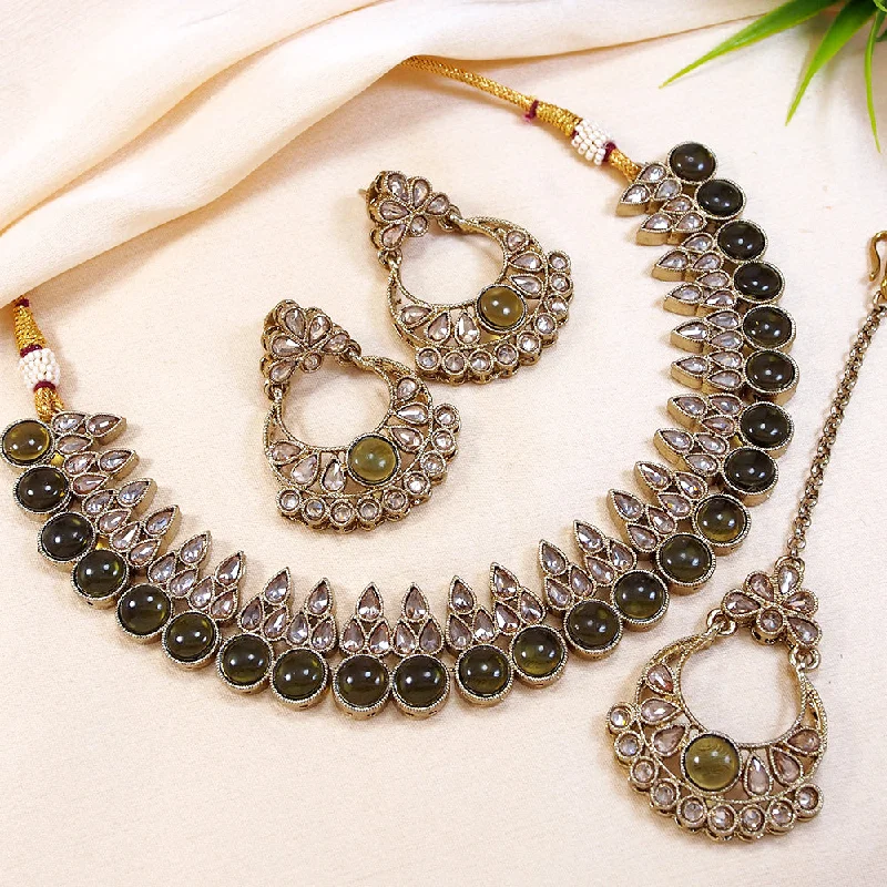 Smooth disc necklaces-LALSO Stunning Gold plated AD/Zircon Work Necklace Jewelry Set With Maangtika