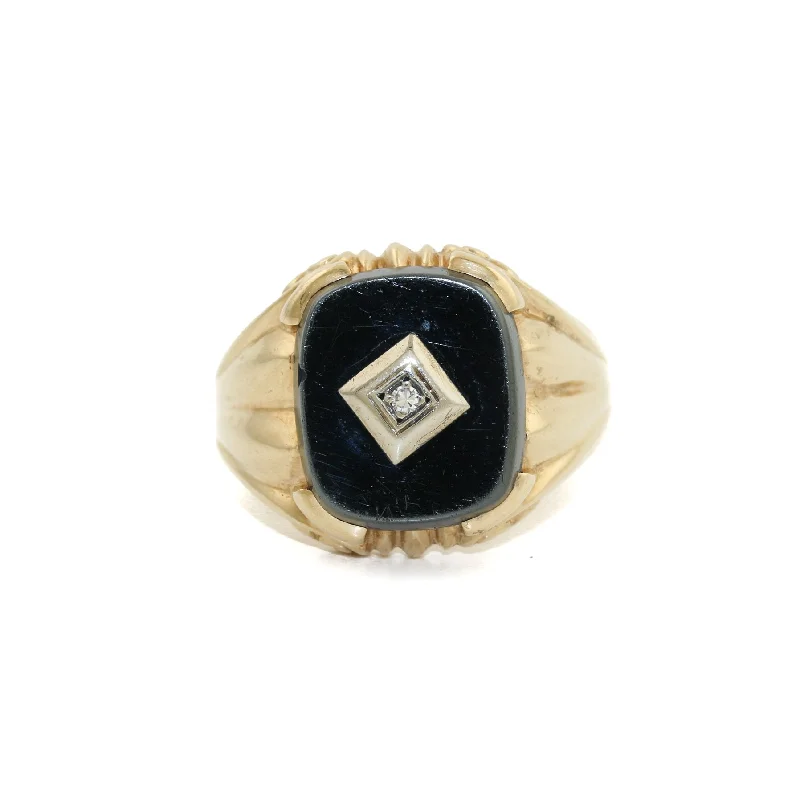 Retro flair rings-10k Gold x Black Hematite & Diamond Art-Deco Signet