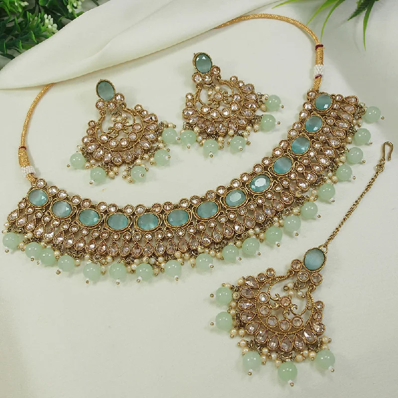 Shiny charm necklaces-LALSO Stunning Mehendi Gold plated AD/Zircon Work Necklace Jewelry Set With Maangtika