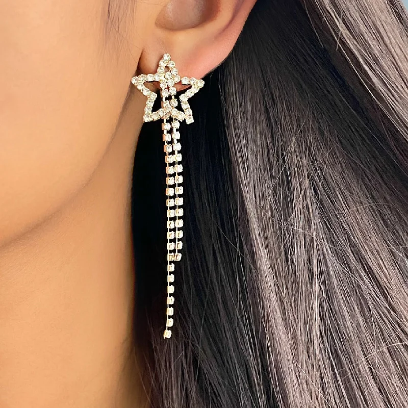 Oval dangle earrings-Star White Diamante Crystal Studded Gold-Toned Long Tassel Drop Earrings