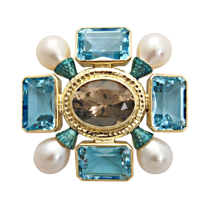 Open frame brooch-Brooch-Smokey Quartz, Blue Topaz and Pearl (Enamel)