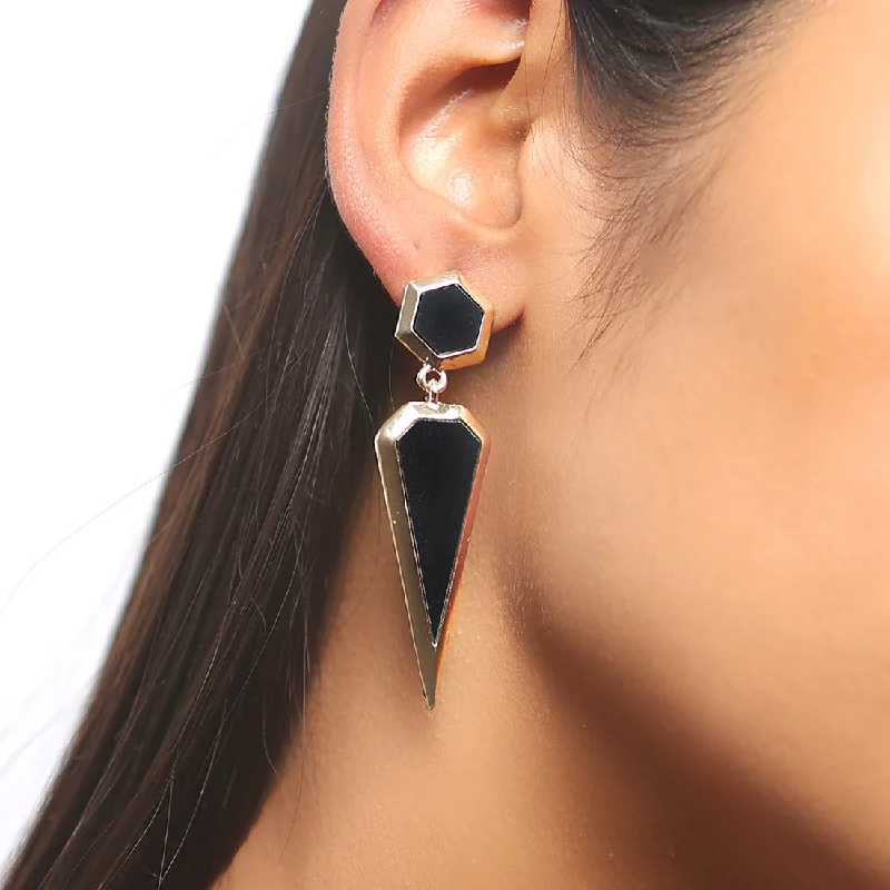 Glittering crystal earrings-Geometric Black Acrylic Gold-Toned Double Drop Earrings