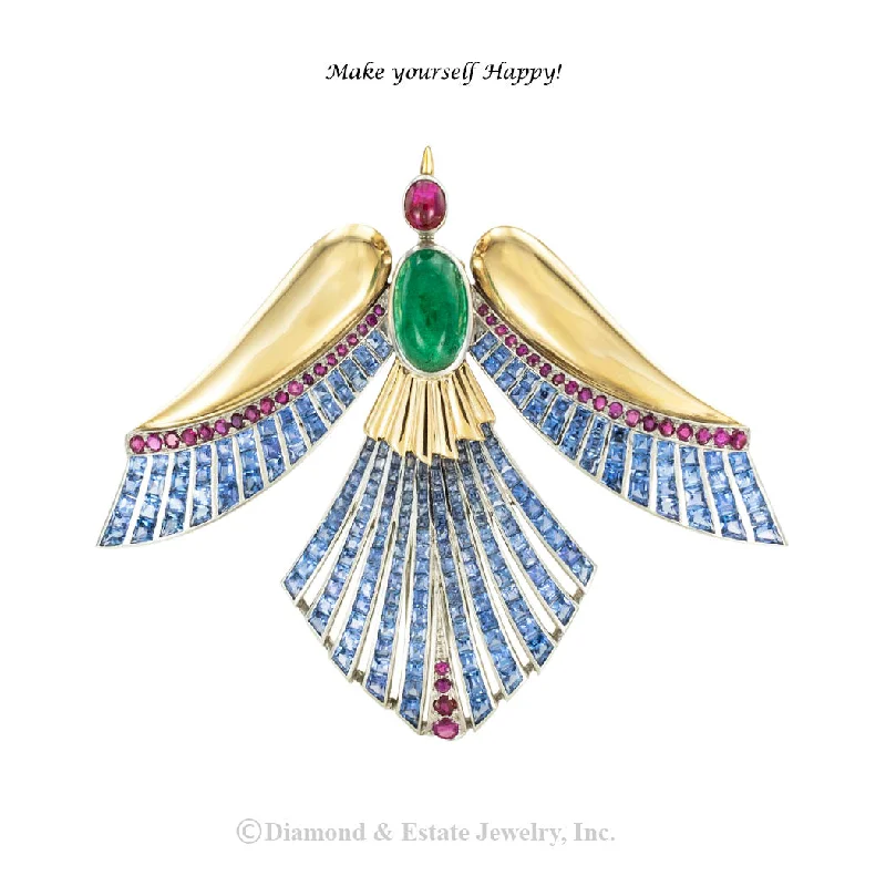 Sleek pin brooch-Emerald Ruby Sapphire Gold Phoenix Bird Clip Brooch