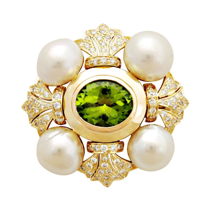 Thin frame brooch-Brooch-Peridot, Pearl and Diamond