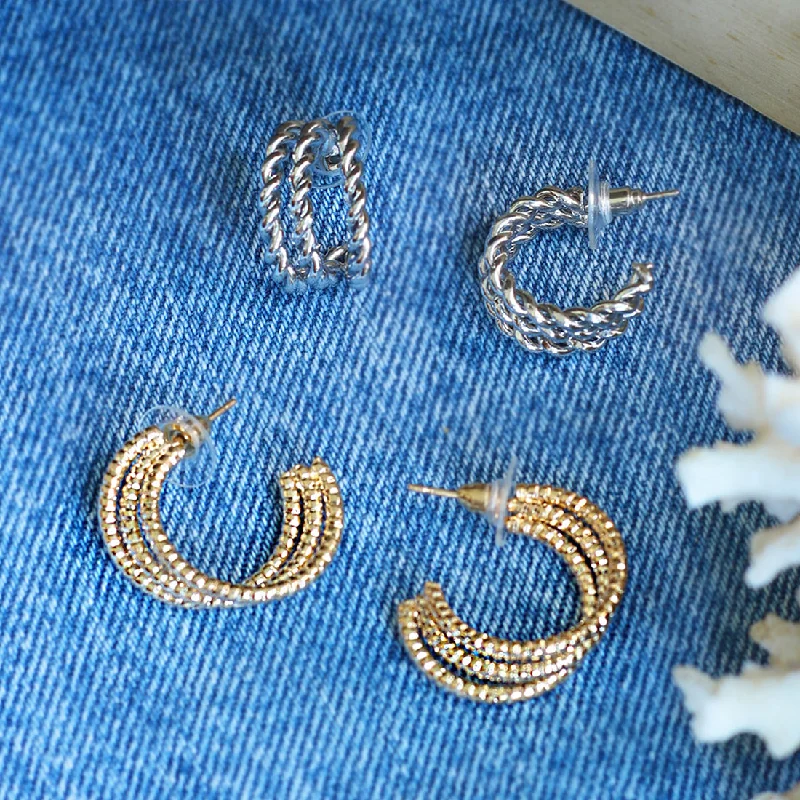 Bead braid earrings-Set Of 2 Gold & Silver Layered & Twisted Open-Hoop Earrings