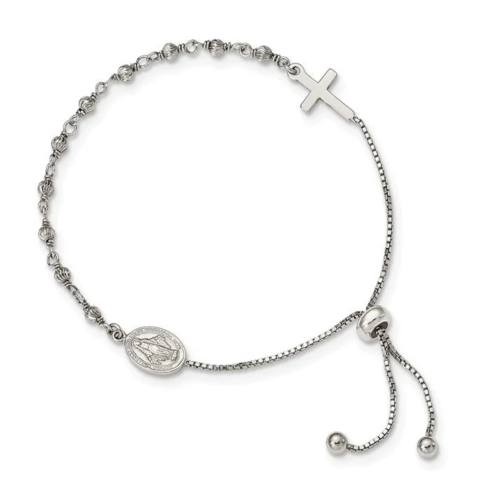 Rustic lock bangles-Sterling Silver Miraculous Medal and Cross Adjustable Bolo Bracelet