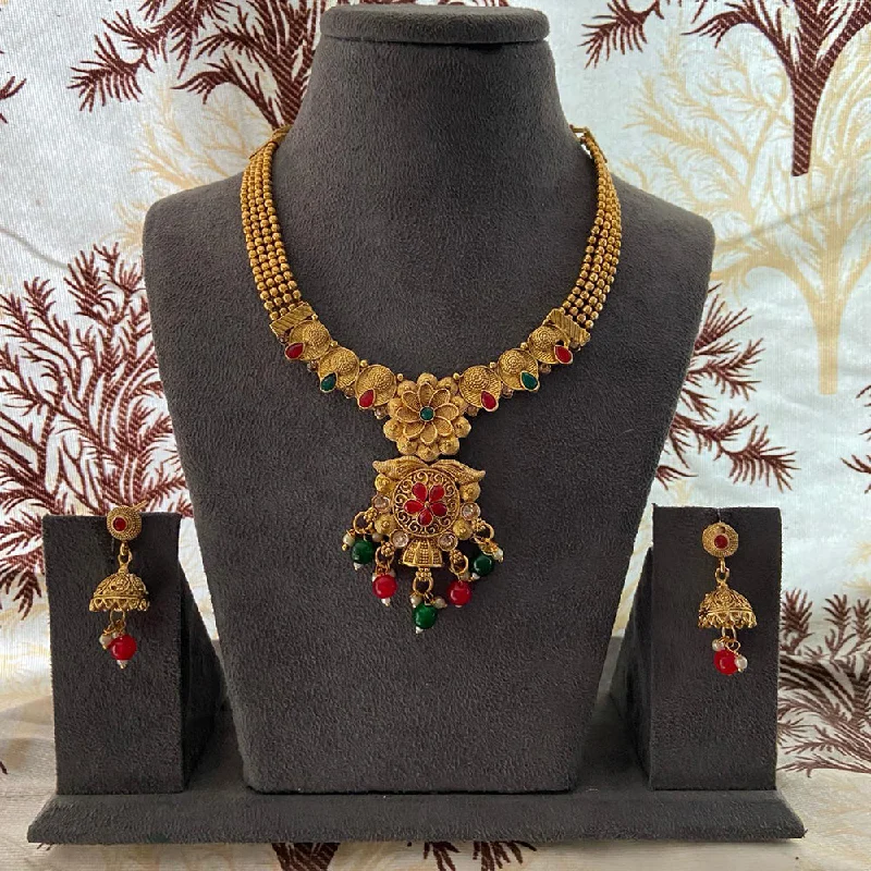 Multi-link necklaces-India Art Gold Plated Pota Stone And Beads Necklace Set