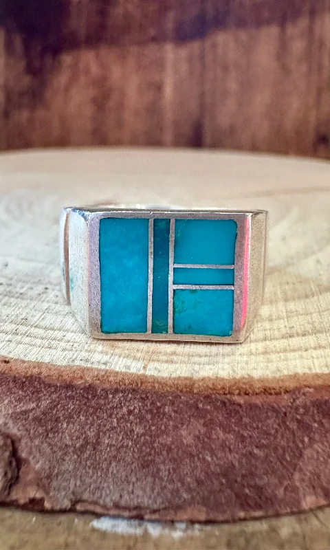 Satin band rings-OCEAN BLUE Turquoise & Sterling Silver Geometric Inlay Mens Ring • Size 10