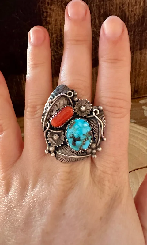 Bold druzy rings-GARDEN OF EDEN Turquoise & Coral Silver Ring • Size 6 1/2