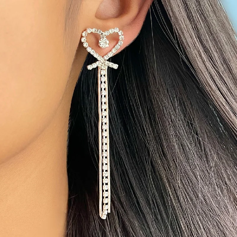 Half moon earrings-Heart White Diamante Crystal Studded Rose Gold-Toned Long Tassel Drop Earrings