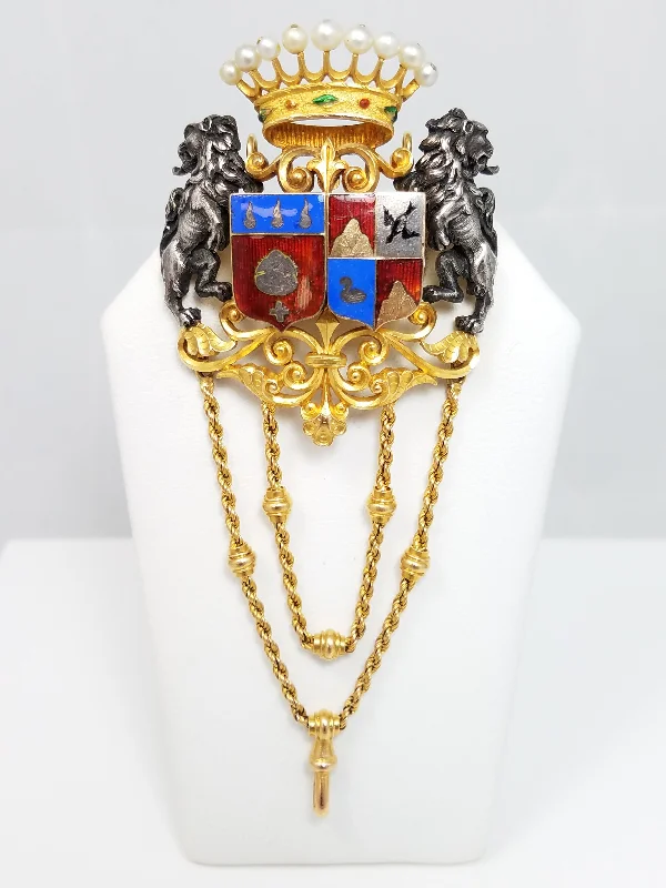 Topaz gem brooch-Exquisite Victorian 18k Yellow Gold & Silver Family Crest Watch Hanger/Brooch Pendant