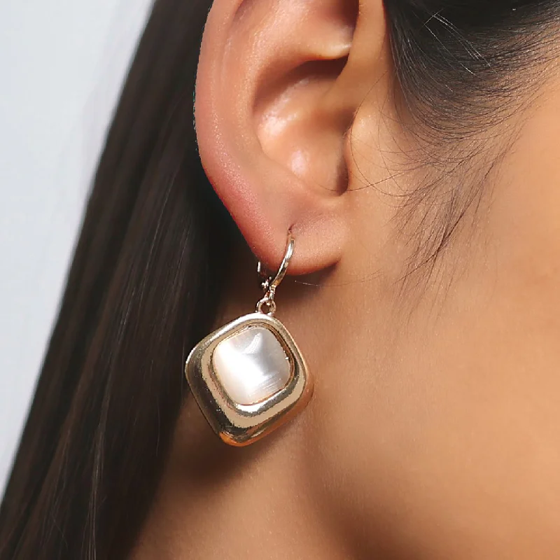 Oval studs earrings-Square White Moonstone Rose Gold-Toned Hoop Drop Earrings