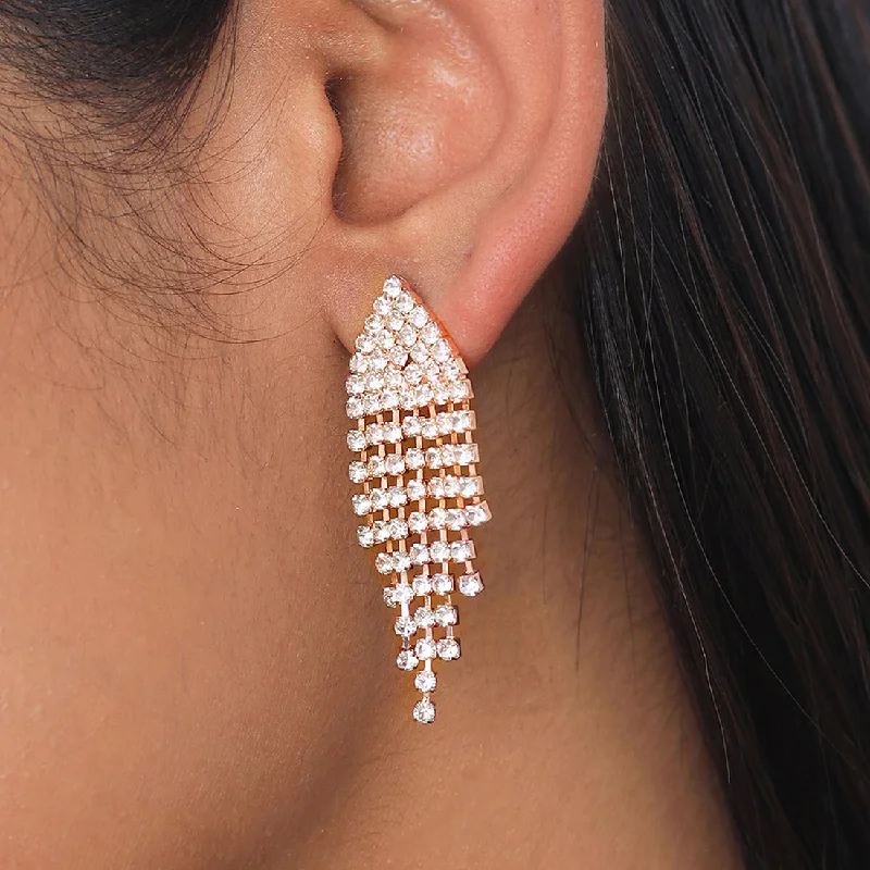 Leaf charm earrings-Contemporary White Diamante Crystal Studded Rose Gold-Toned Triangular Tassel Drop Earrings