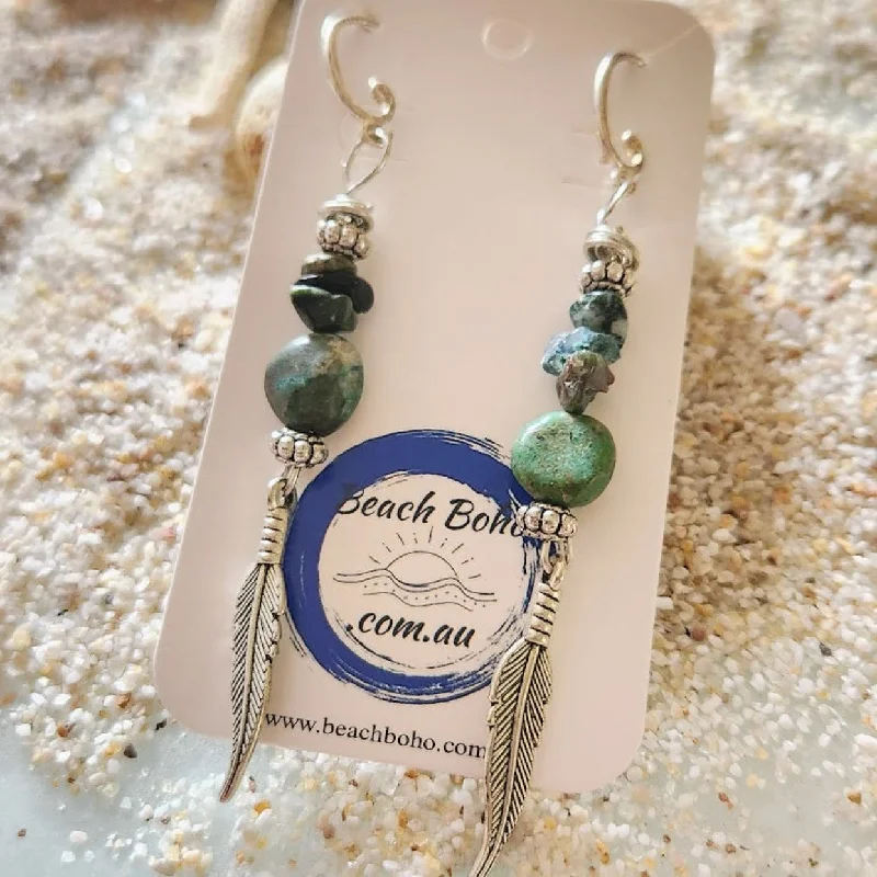 Light bead earrings-SILVER LEAF - TURQUOISE STONE HOOK EARRINGS