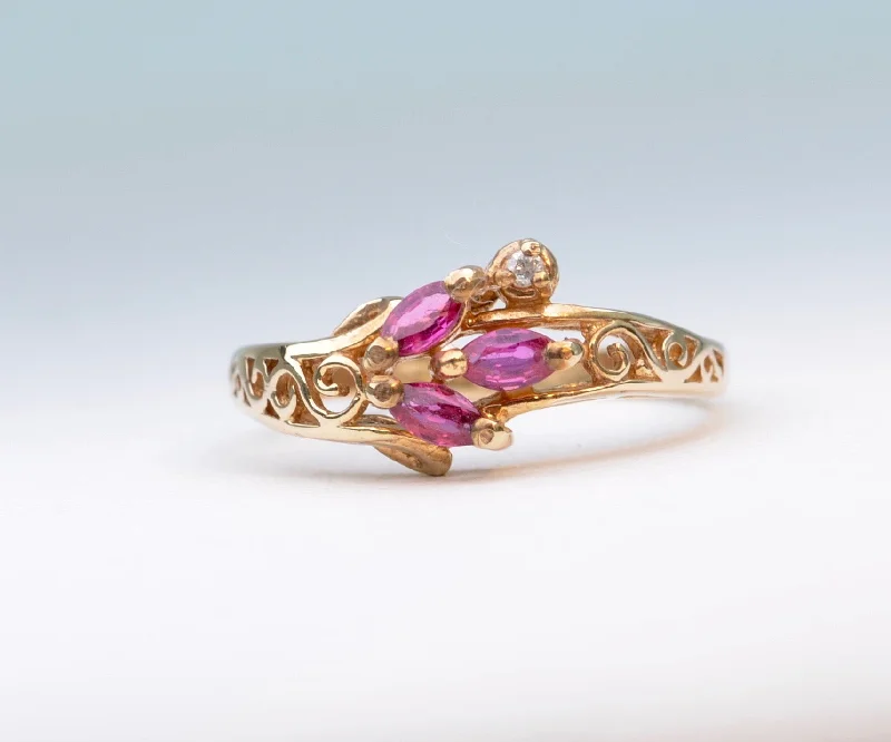 Dainty silver rings-Ruby Ring with Small Side Diamond in 14K Yellow Gold