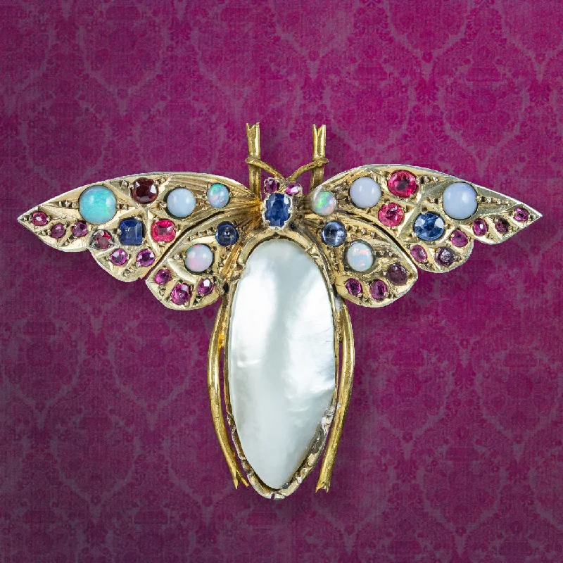 Flex pin brooch-Antique Victorian Butterfly Brooch Mabe Pearl Ruby Sapphire Opal