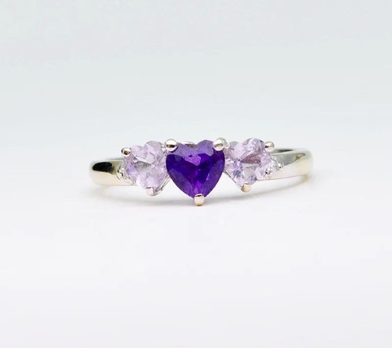 Textured letter rings-14K white gold ring with 3 heart-shaped Amethysts