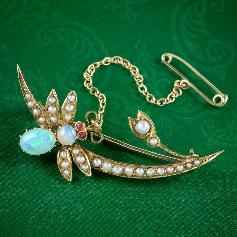 Vivid druzy brooch-Antique Victorian Opal Pearl Bee And Crescent Brooch 15ct Gold