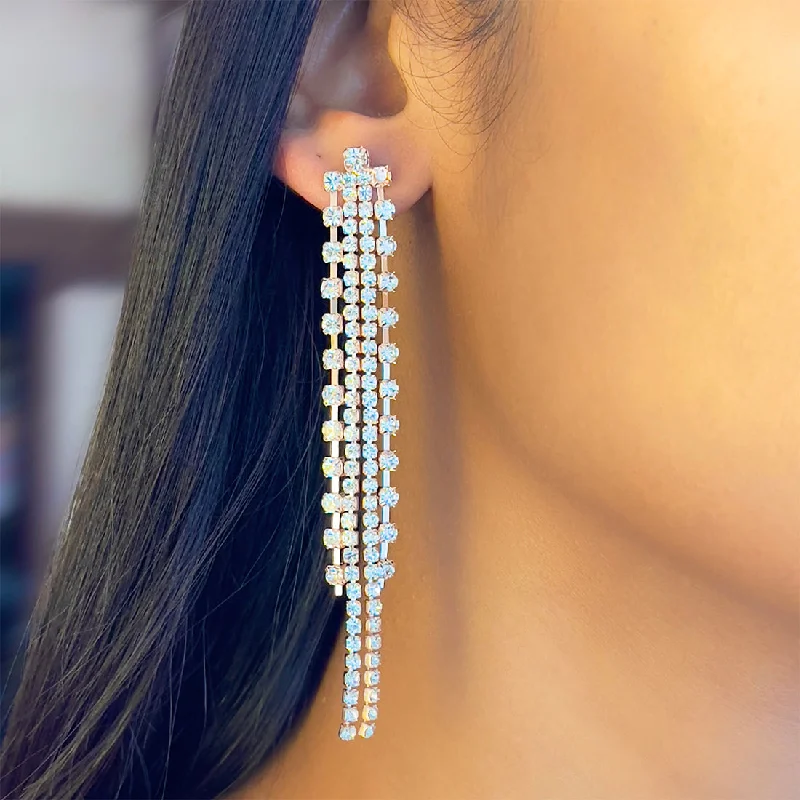 Sleek cross earrings-Contemporary White Diamante Crystal Studded Rose Gold-Toned Long Tassel Drop Earrings