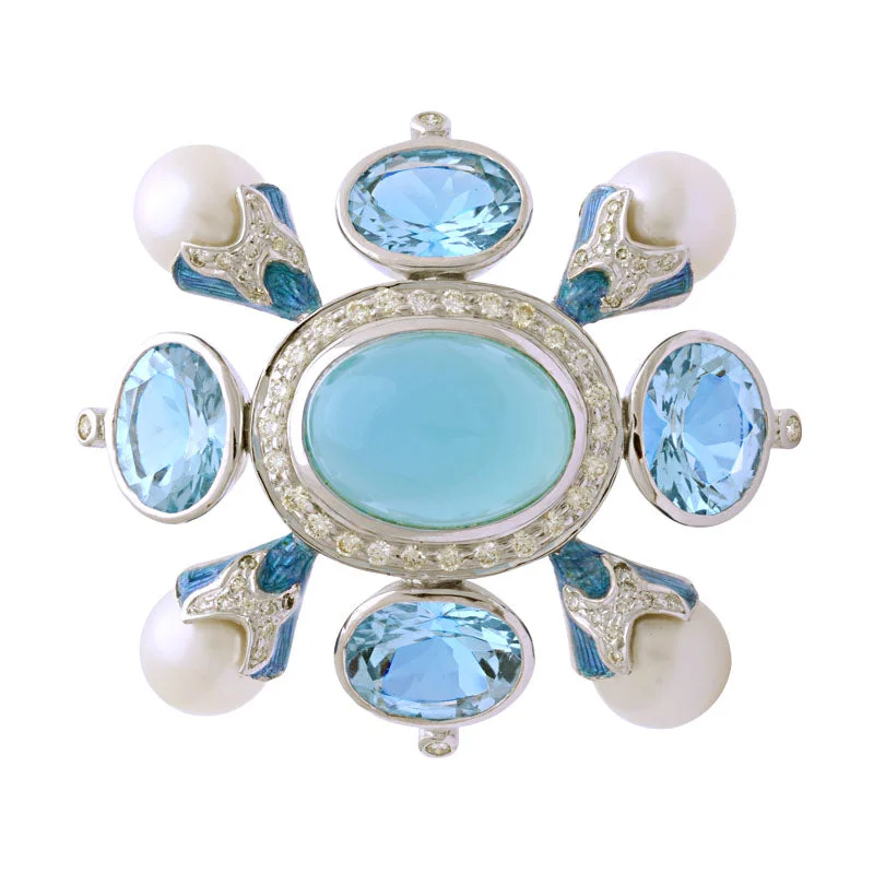 Turquoise stone brooch-Brooch-Chalcedony, B. Topaz, South Sea Pearl and Diamond (Enamel)