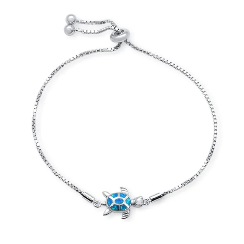 Light wood bangles-Sterling Silver Blue Opal Turtle Adjustable Bolo Bracelet