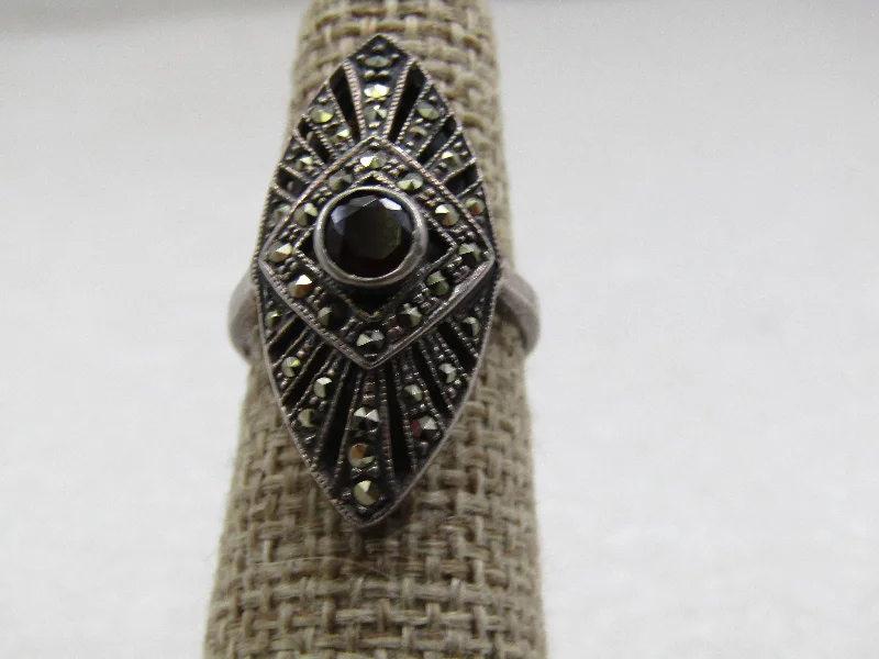 Sleek modern rings-Vintage Sterling Garnet Marcasite Ring, Sz 6, Signed