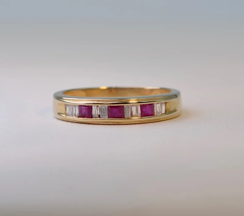 Petite flower rings-14K yellow gold Band ring with 3 square Rubies and 8 Baguette Diamonds