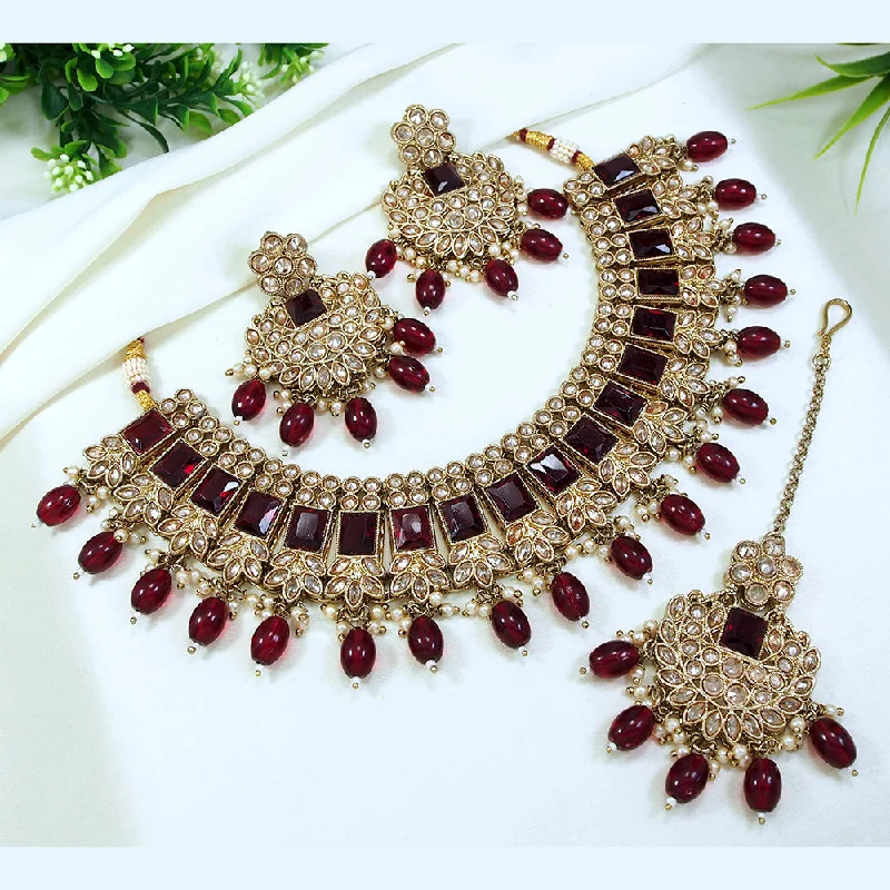 Spirit charm necklaces-LALSO Gold plated Zircon Work Necklace Jewelry Set With Maangtika