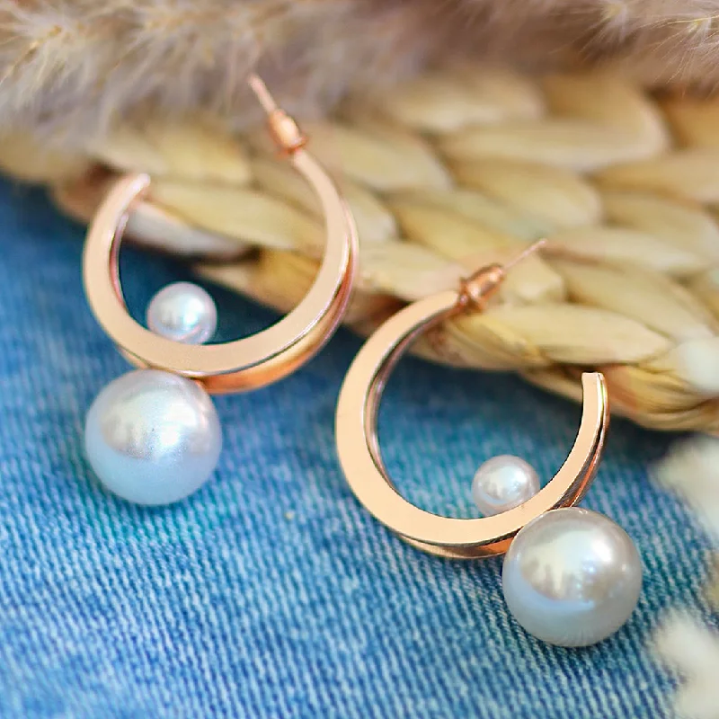 Twine bead earrings-Circular Rose-Gold Toned Pearl Drop Oversized Double Layer Hoop Earrings