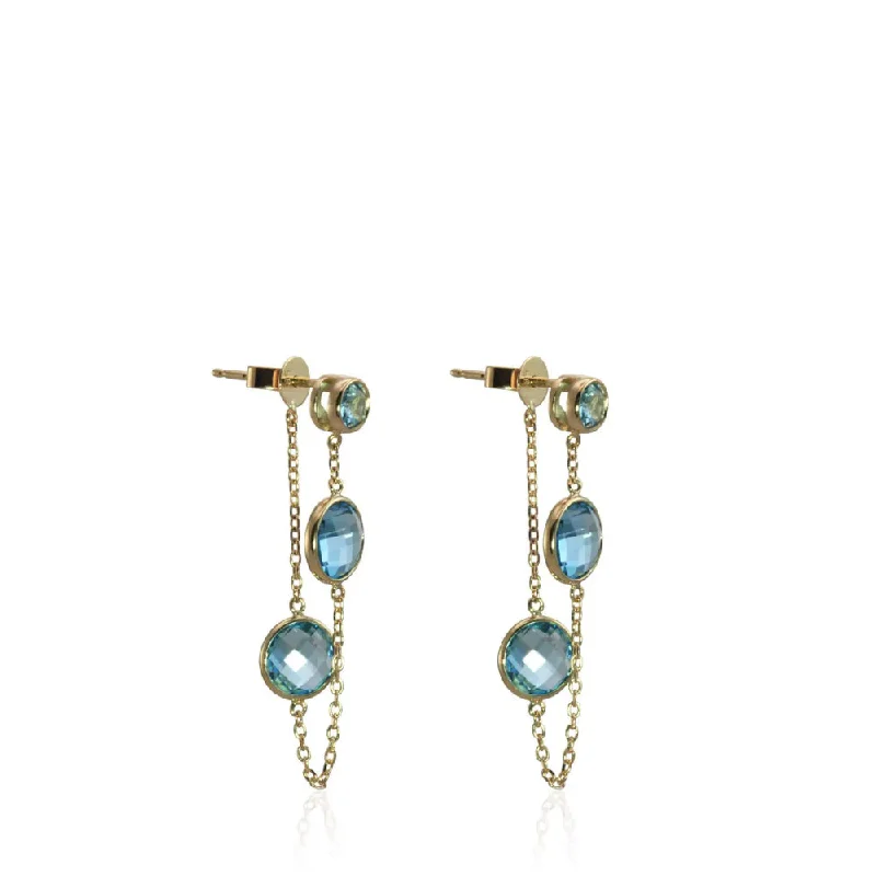 Glittering crystal earrings-14k Swiss Blue Topaz Triple Drop Earrings